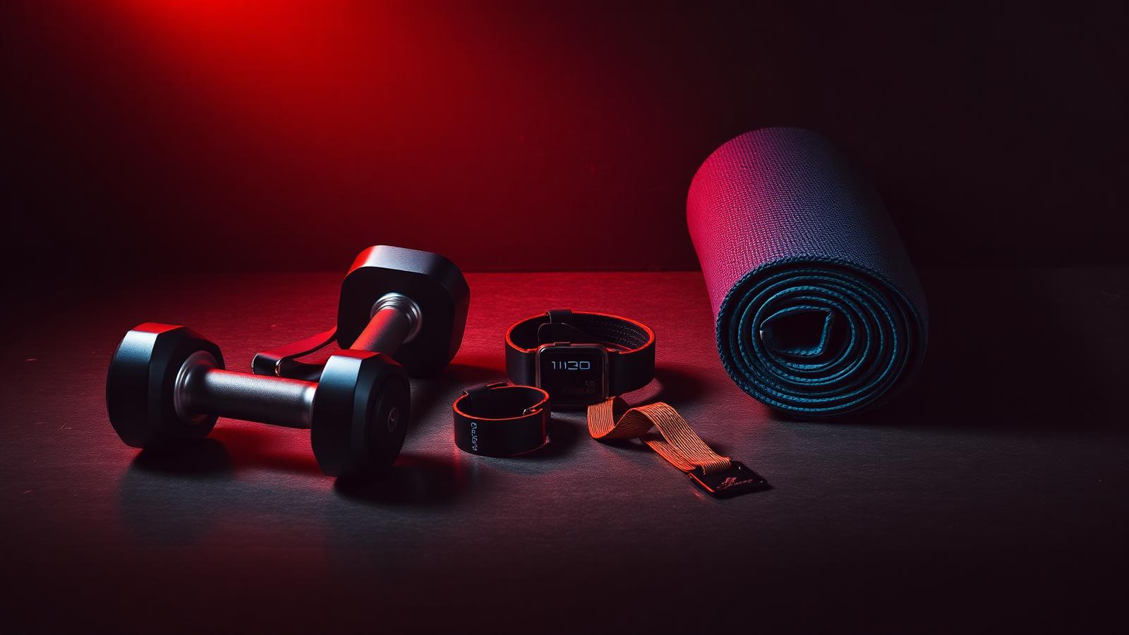 Modern fitness tools — dumbbells, smartwatch, resistance bands and yoga mat