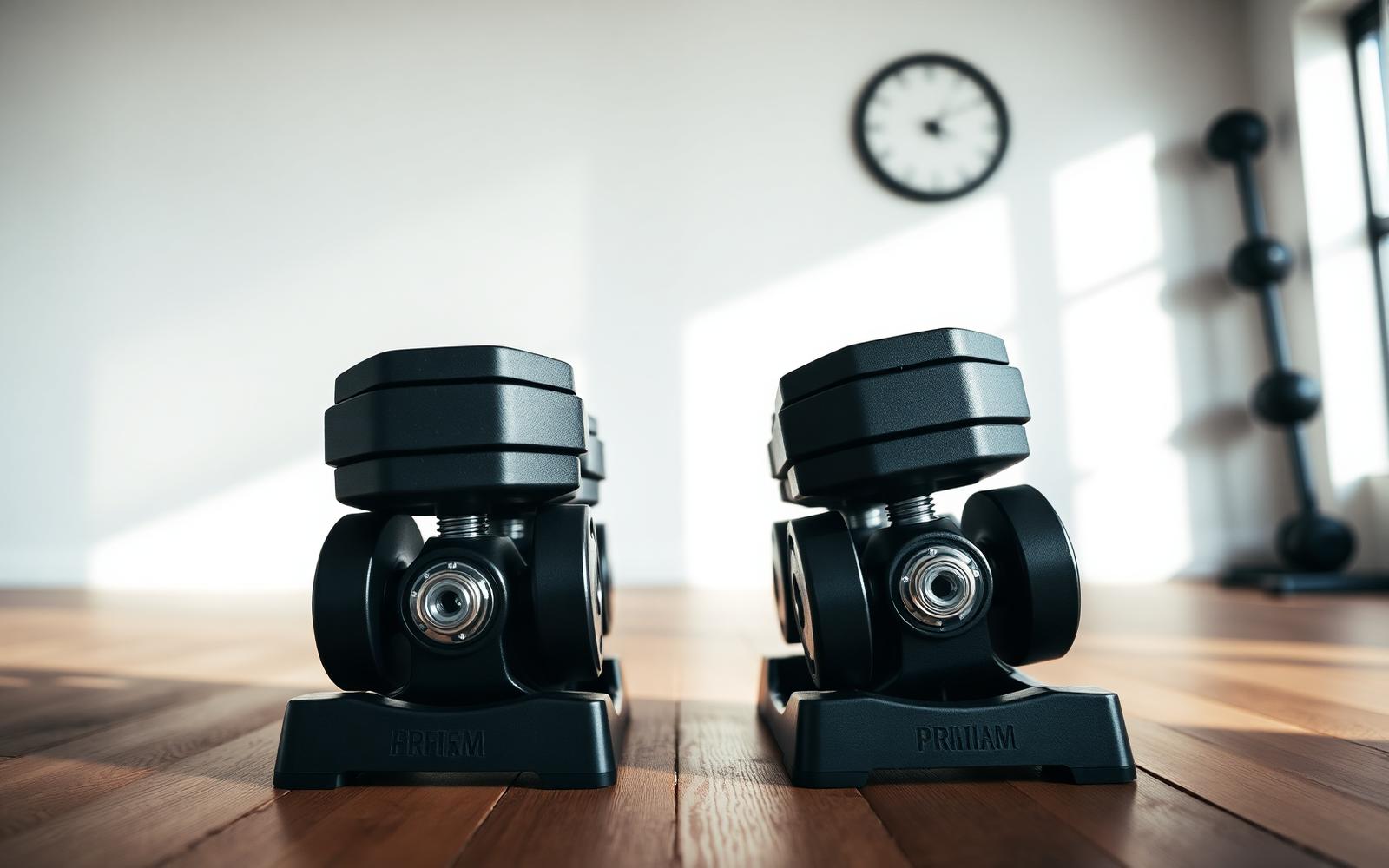 Two premium adjustable dumbbells resting on a wood floor in a bright minimalist home gym