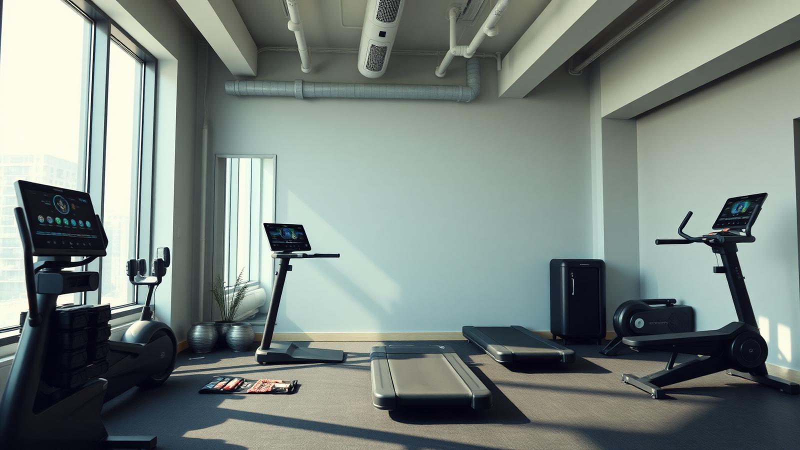 Modern AI-powered home gym with a smart mirror, connected treadmill, and modular equipment in a sunlit loft