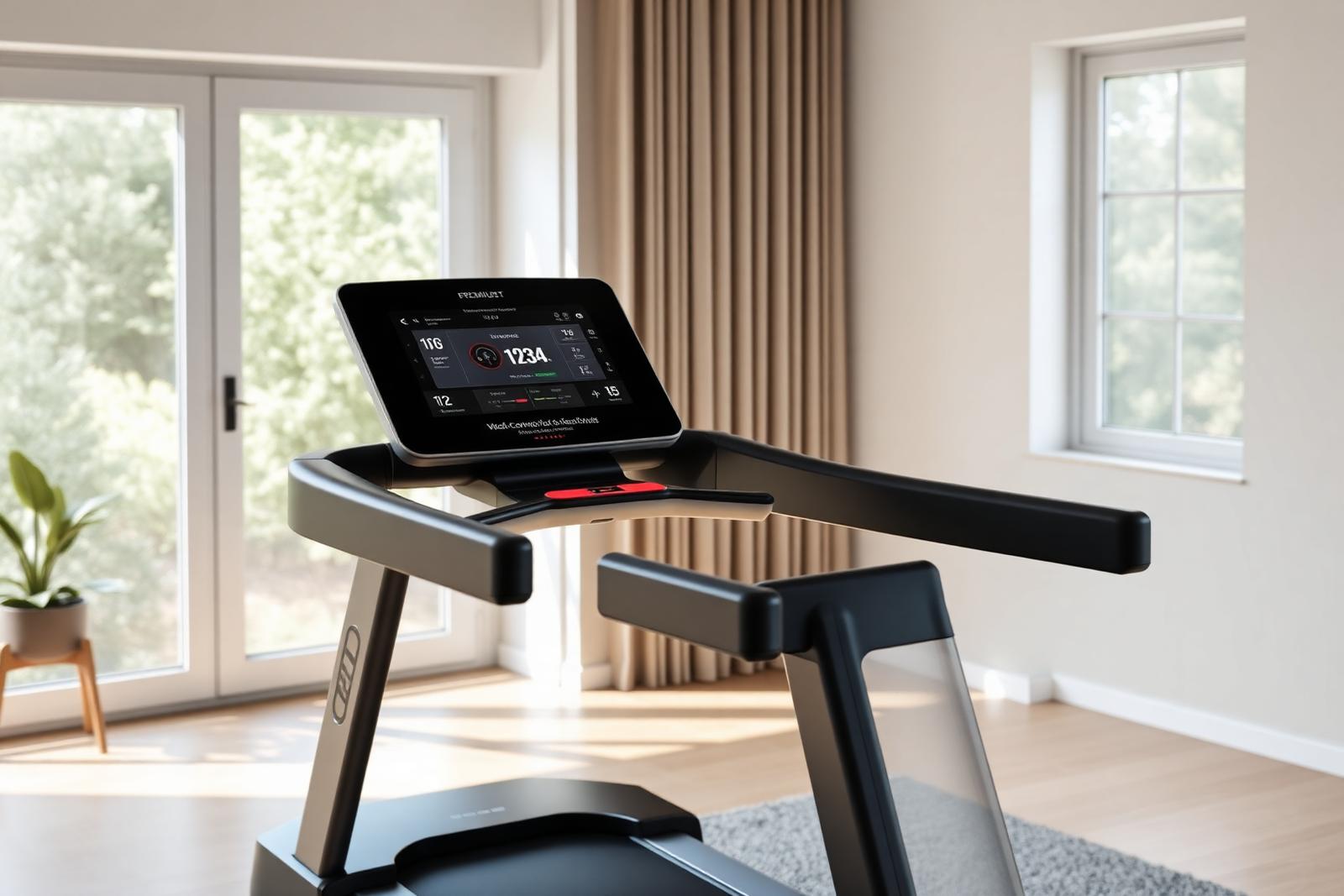 Premium AI-powered home treadmill with a large display showing real-time coaching metrics