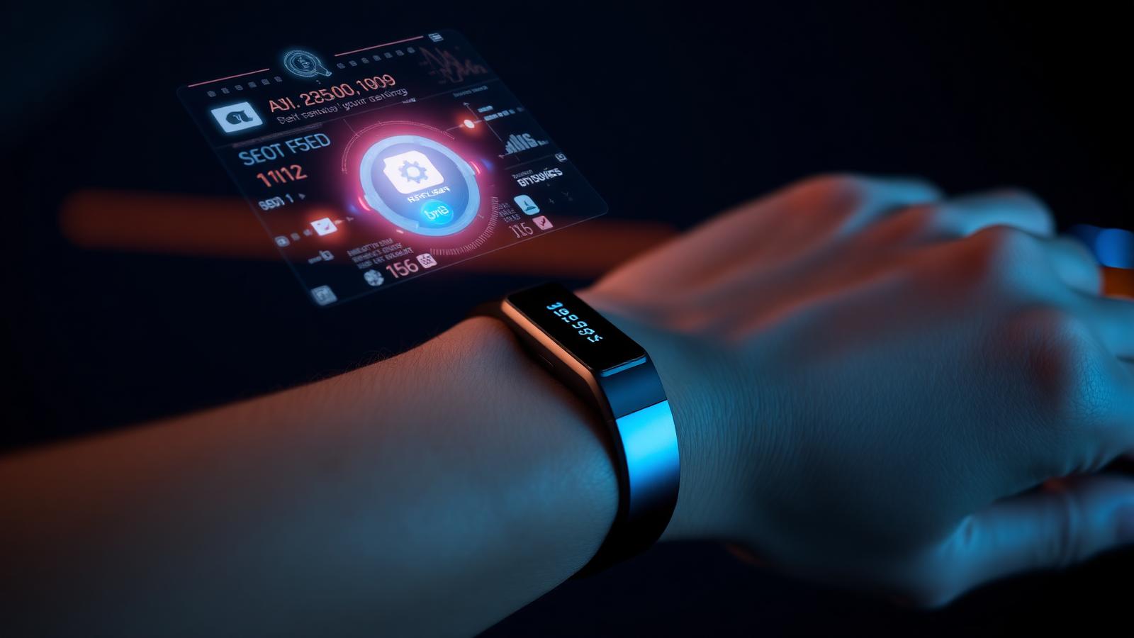 Screenless Fitbit Air smart band on a wrist with AI coaching interface glowing above it