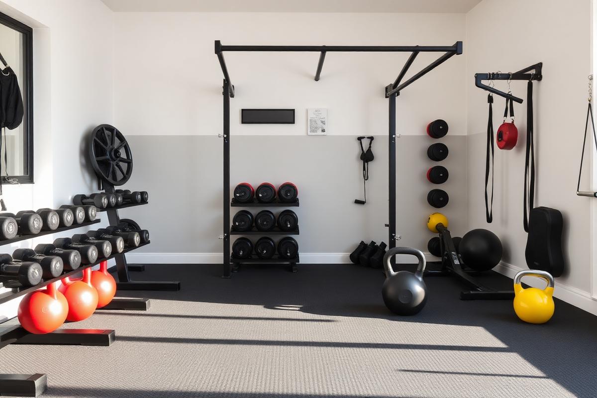 Modern home gym featuring dumbbells, kettlebells, pull-up rack and rubber flooring
