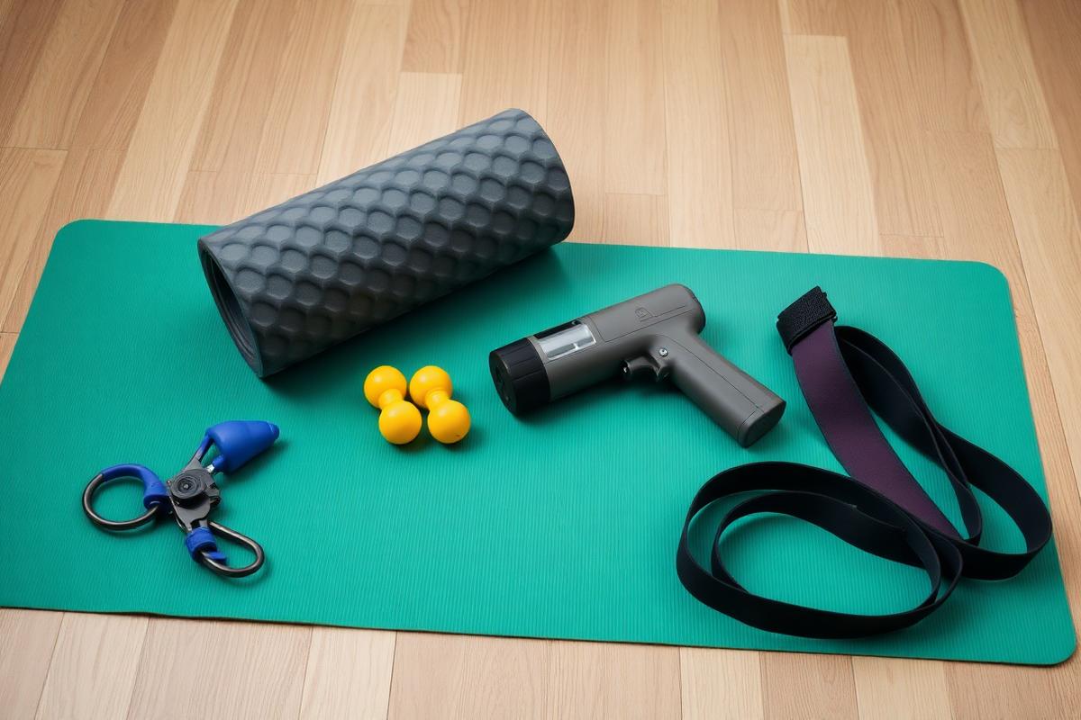 Foam roller, massage gun, resistance bands and yoga mat arranged for a recovery session