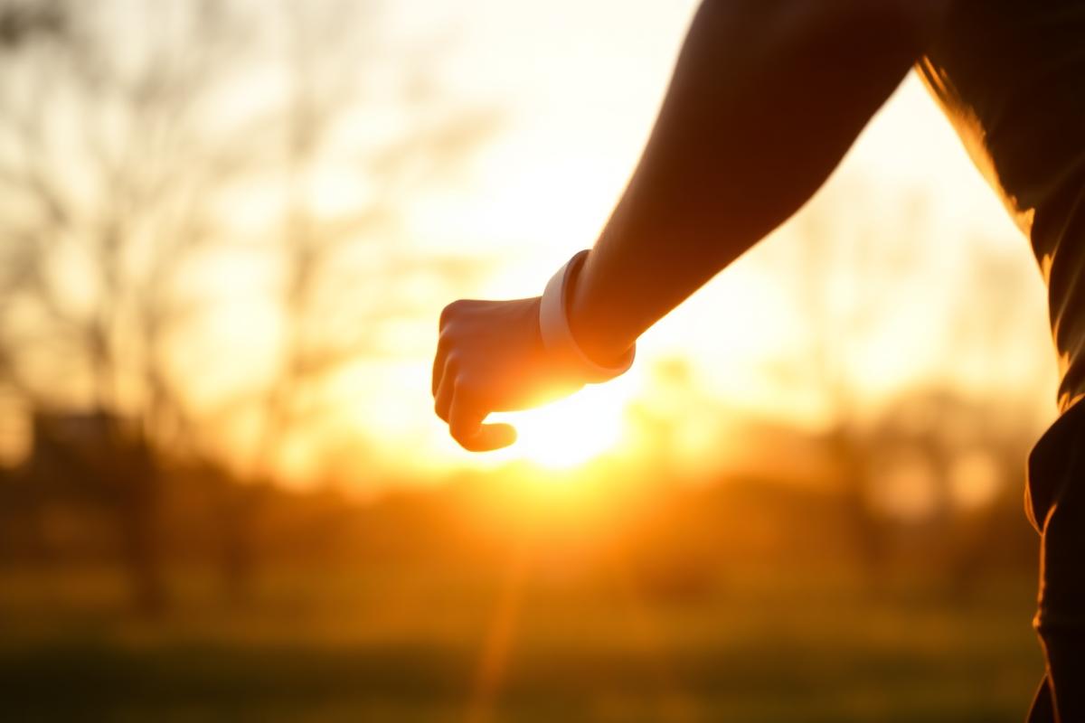 Runner at sunrise wearing a minimalist AI-powered fitness band