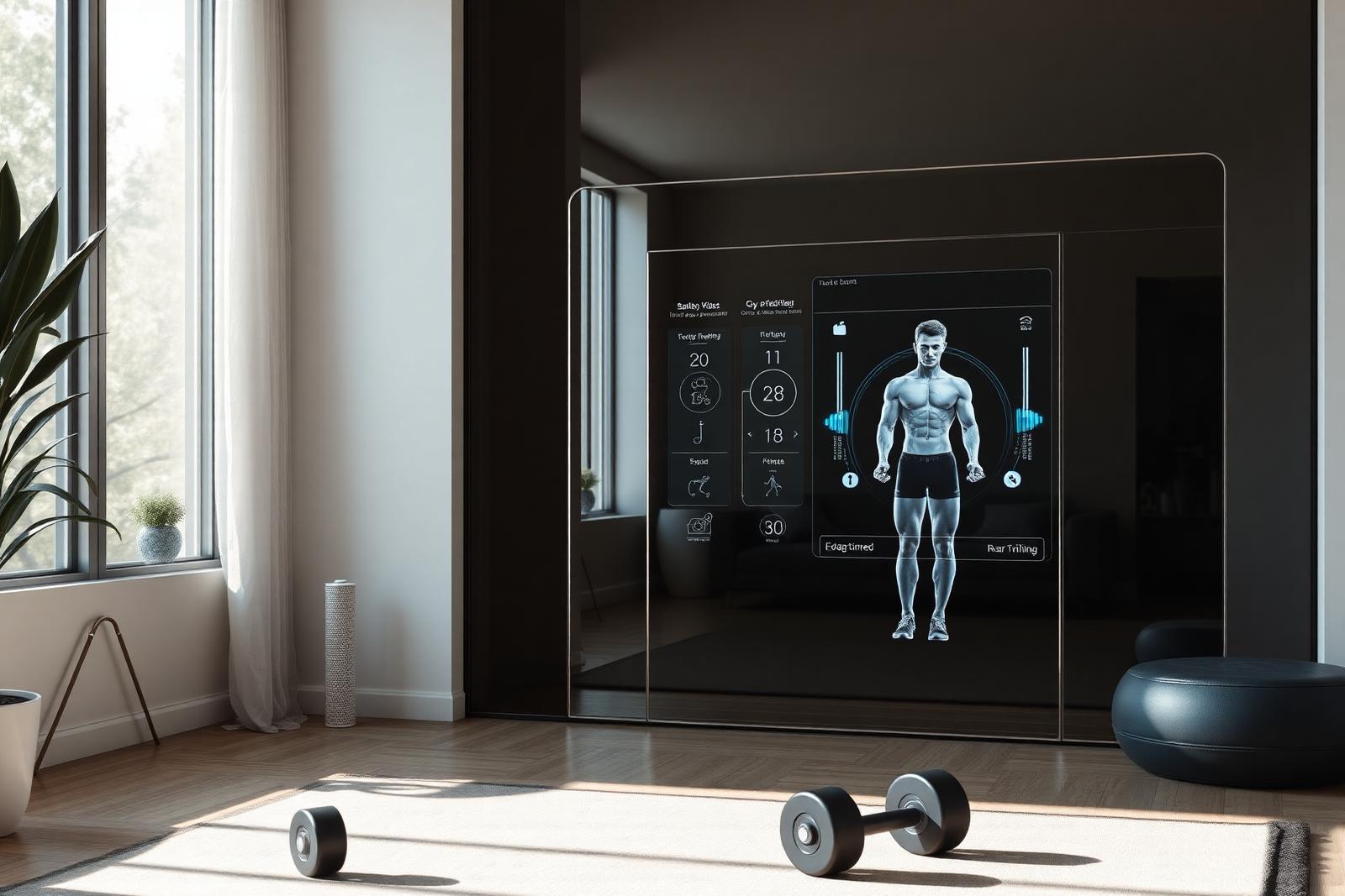 AI-powered smart mirror in a bright home gym showing form-coaching feedback during a workout