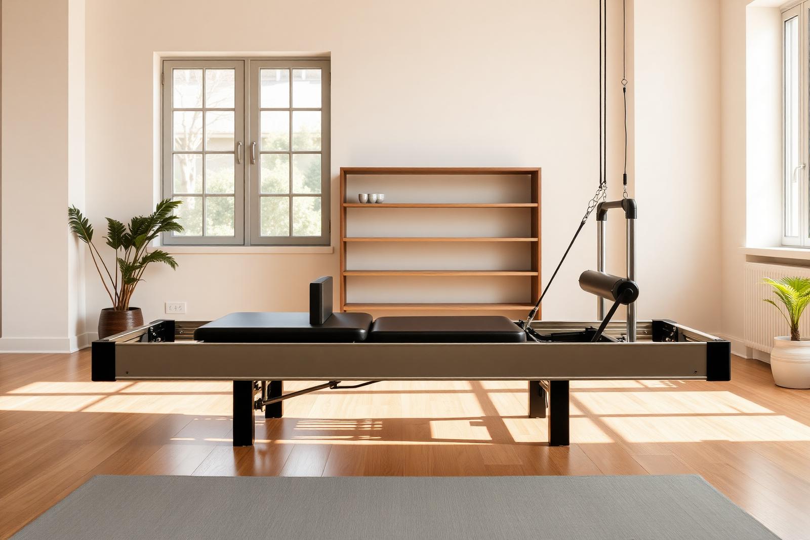 Foldable smart Pilates reformer in a minimalist home studio with natural light