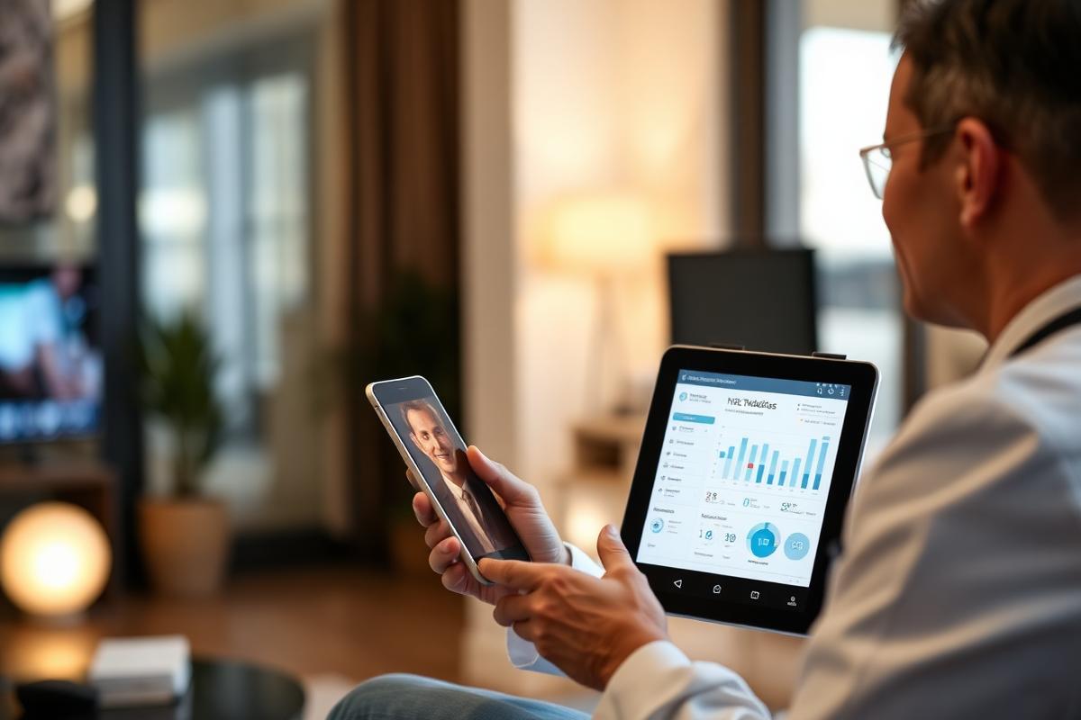 Telehealth video consultation showing a clinician reviewing fitness wearable health data on a tablet