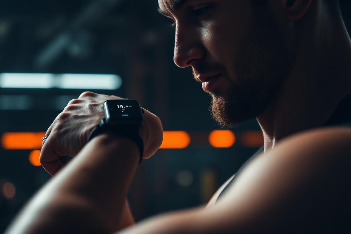 Athlete checking heart rate on a fitness smartwatch during a workout in a modern gym