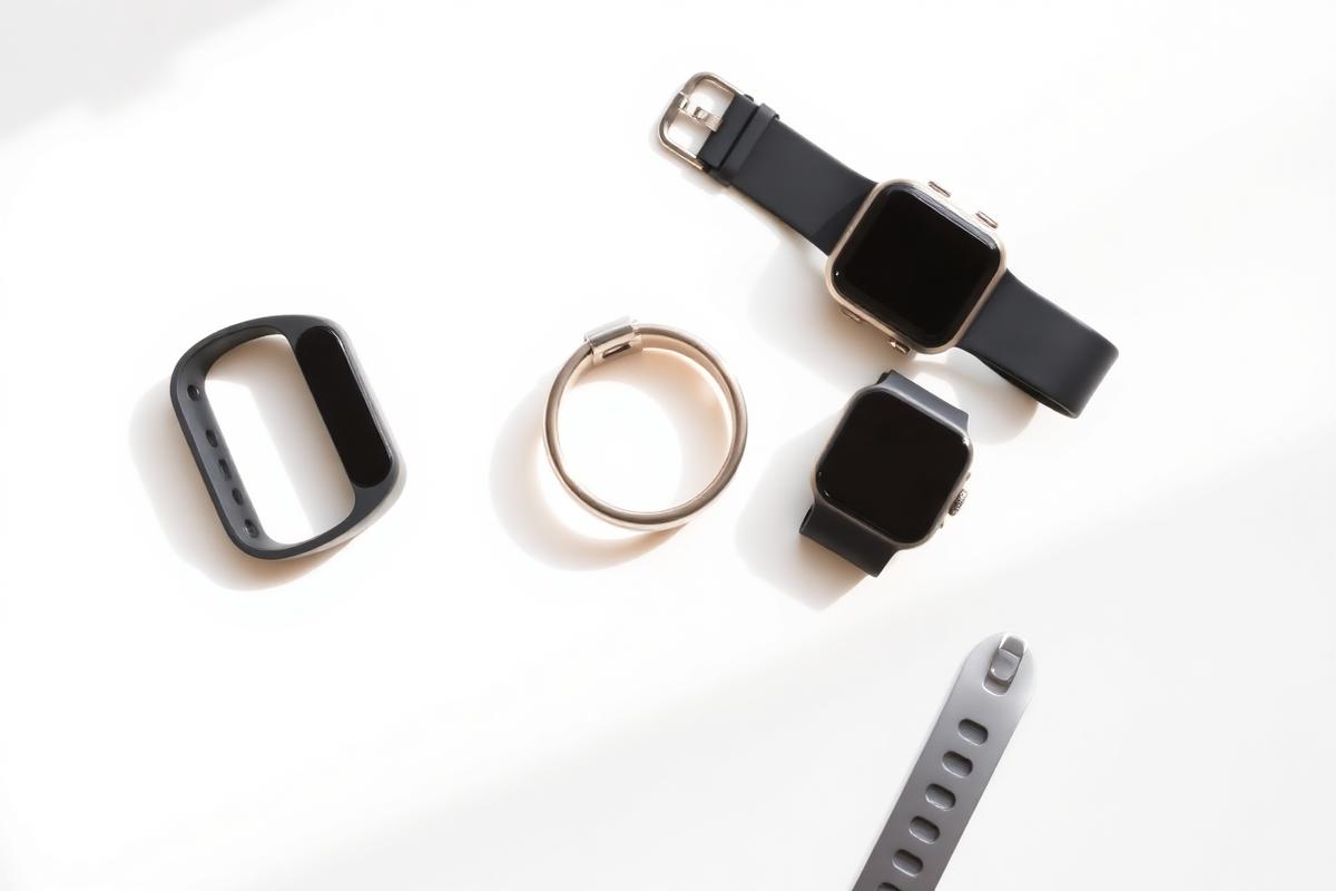 Flat lay comparison of a screenless fitness band, a smart ring, and a smartwatch on a white surface